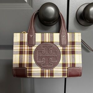Tory Burch Brown & Cream Plaid Mini Tote with Leather Trim